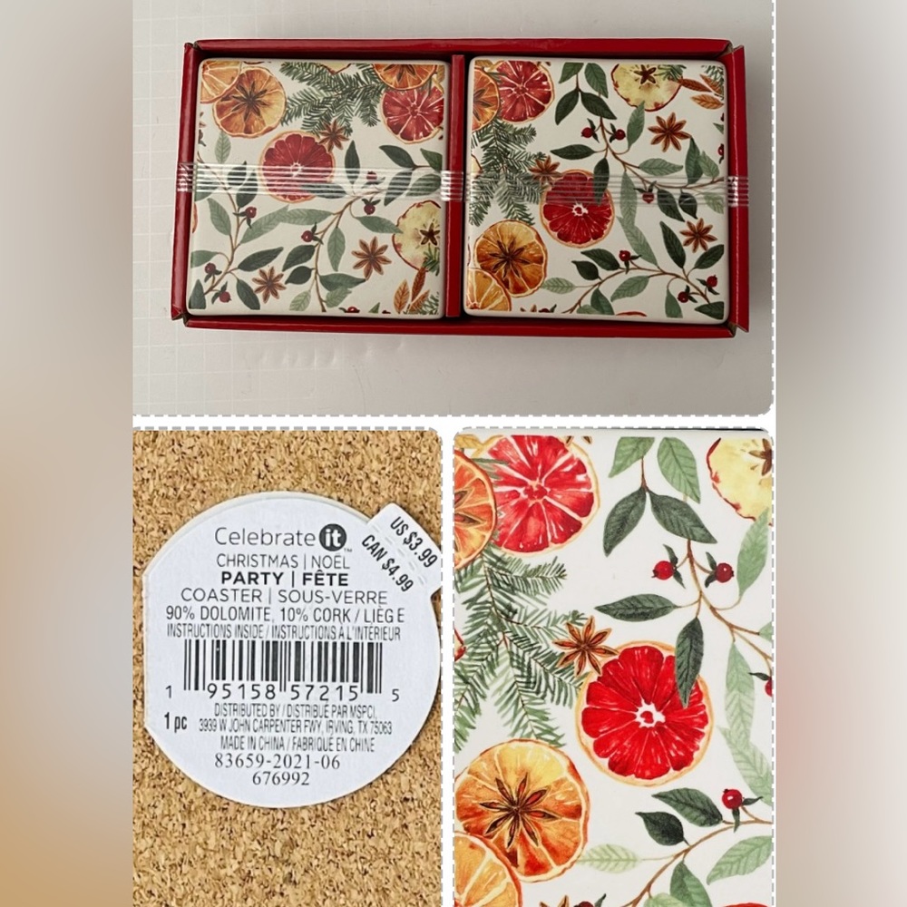 Celebrate It! 8-Coasters Christmas Noel Ceramic Cork Backed Botanical Fruit